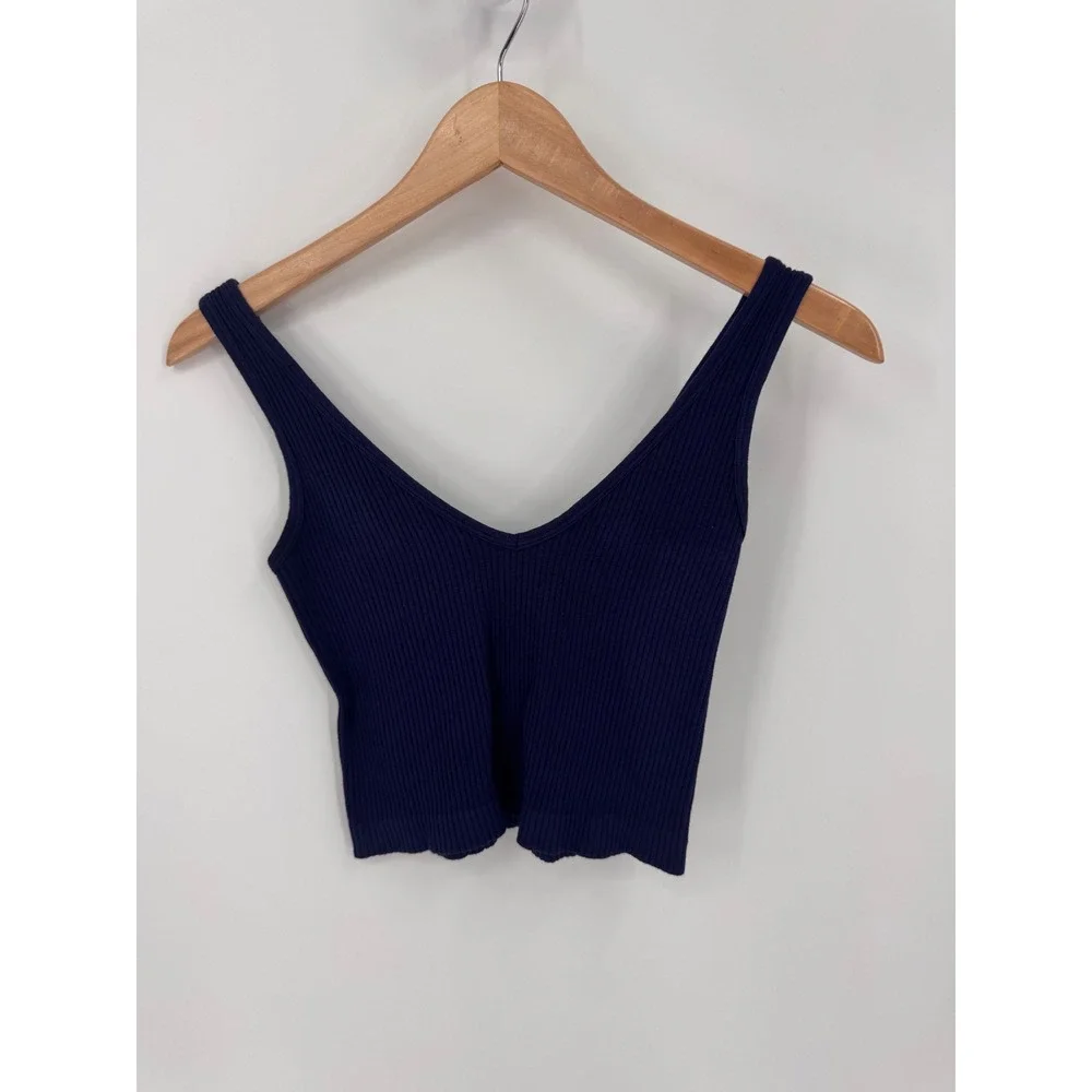 Intimately Free People‎ Crop Top Women XS/S Navy Blue Ribbed Double V-Neck Tank
